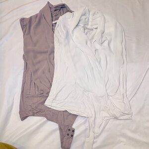 eva mendes for New York & Company Sleeveless Wrap Bodysuits in White and Taupe